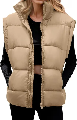 Polu Womens Puffer Vests Oversized Outerwear Vests Stand Collar Sleeveless Padded Down Jackets with Pockets
