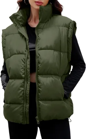 Polu Womens Puffer Vests Oversized Outerwear Vests Stand Collar Sleeveless Padded Down Jackets with Pockets