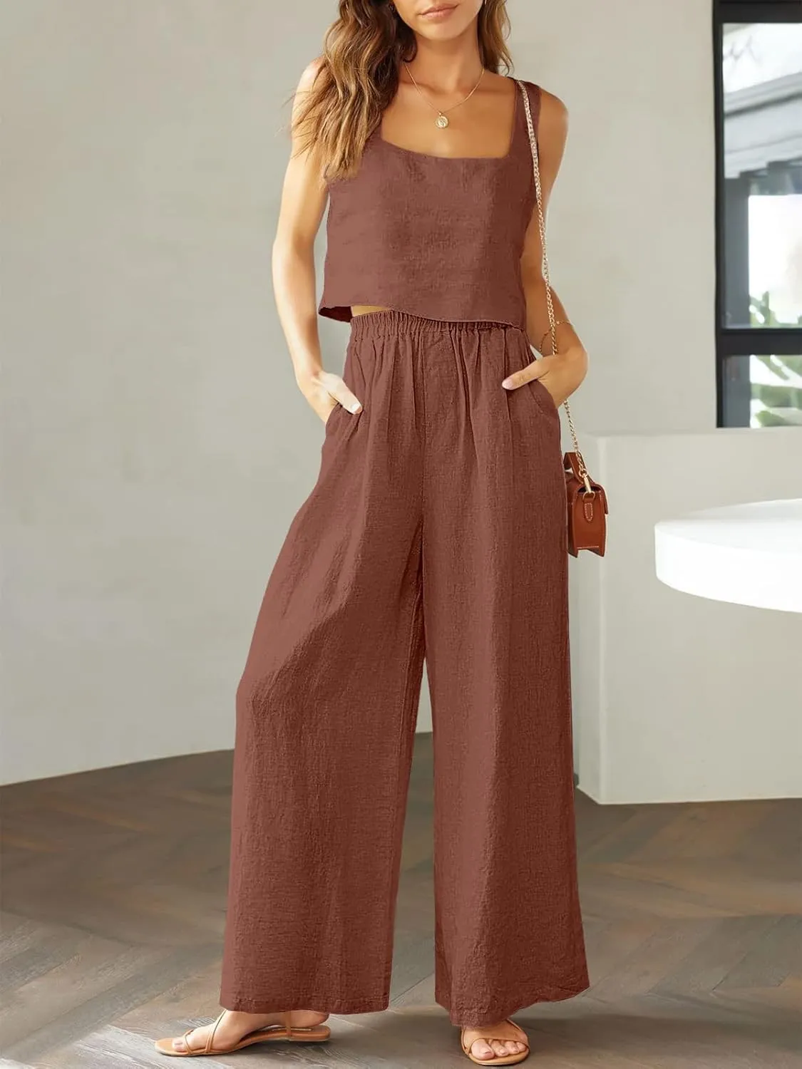 Prinbara Women's 2 Piece Outfits Lounge Sets Sleeveless Square Neck Linen Tank Crop Top Wide Leg Pants Matching Sets