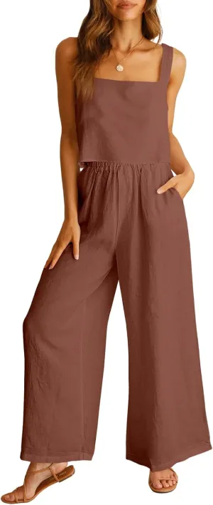Prinbara Women's 2 Piece Outfits Lounge Sets Sleeveless Square Neck Linen Tank Crop Top Wide Leg Pants Matching Sets
