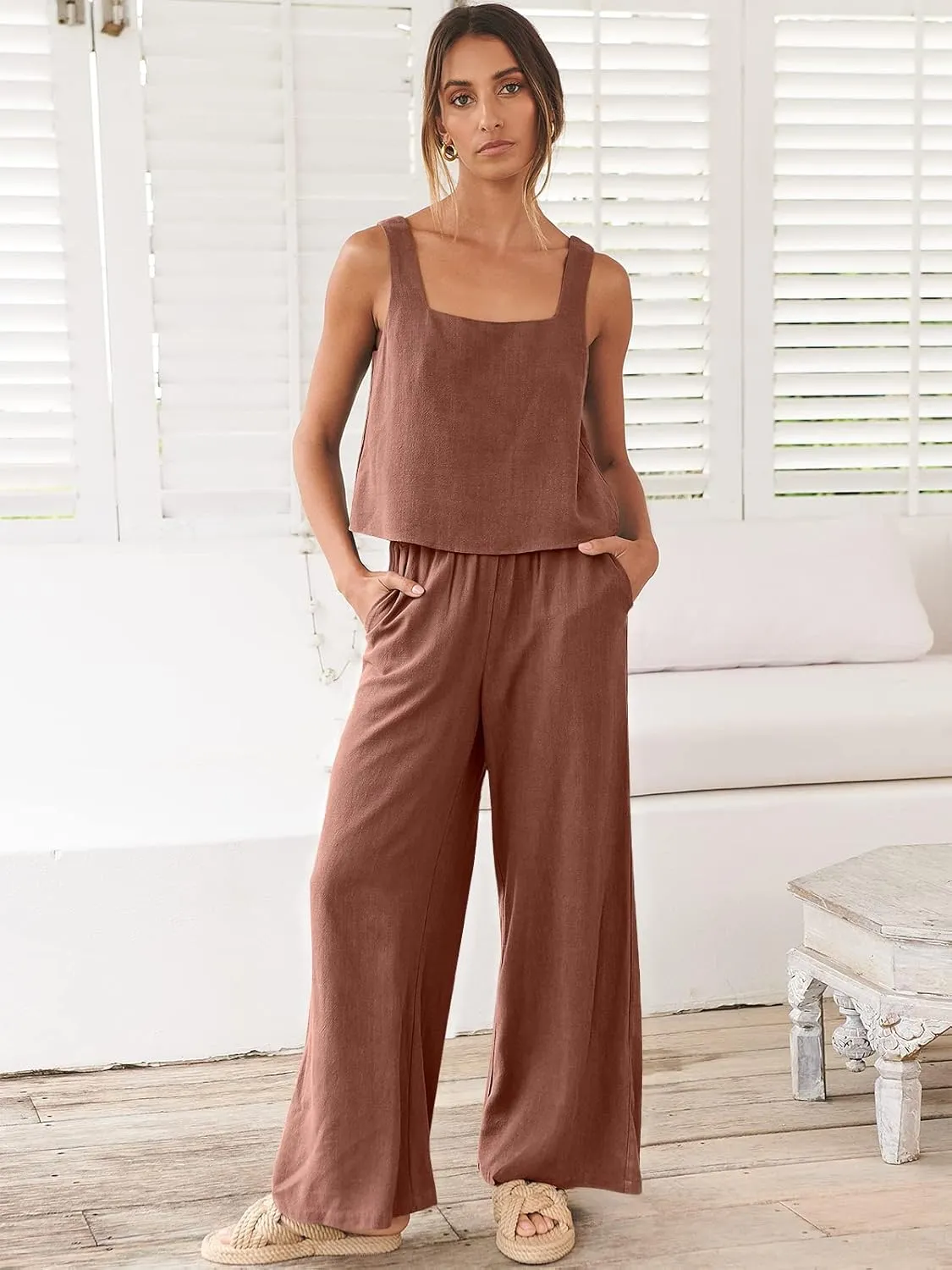 Prinbara Women's 2 Piece Outfits Lounge Sets Sleeveless Square Neck Linen Tank Crop Top Wide Leg Pants Matching Sets