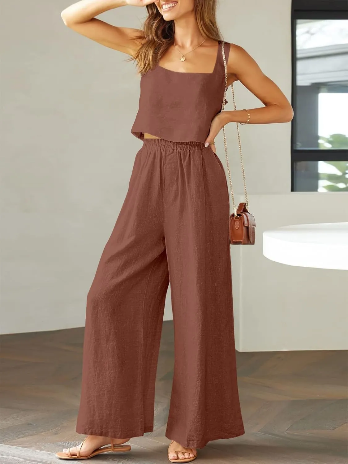 Prinbara Women's 2 Piece Outfits Lounge Sets Sleeveless Square Neck Linen Tank Crop Top Wide Leg Pants Matching Sets