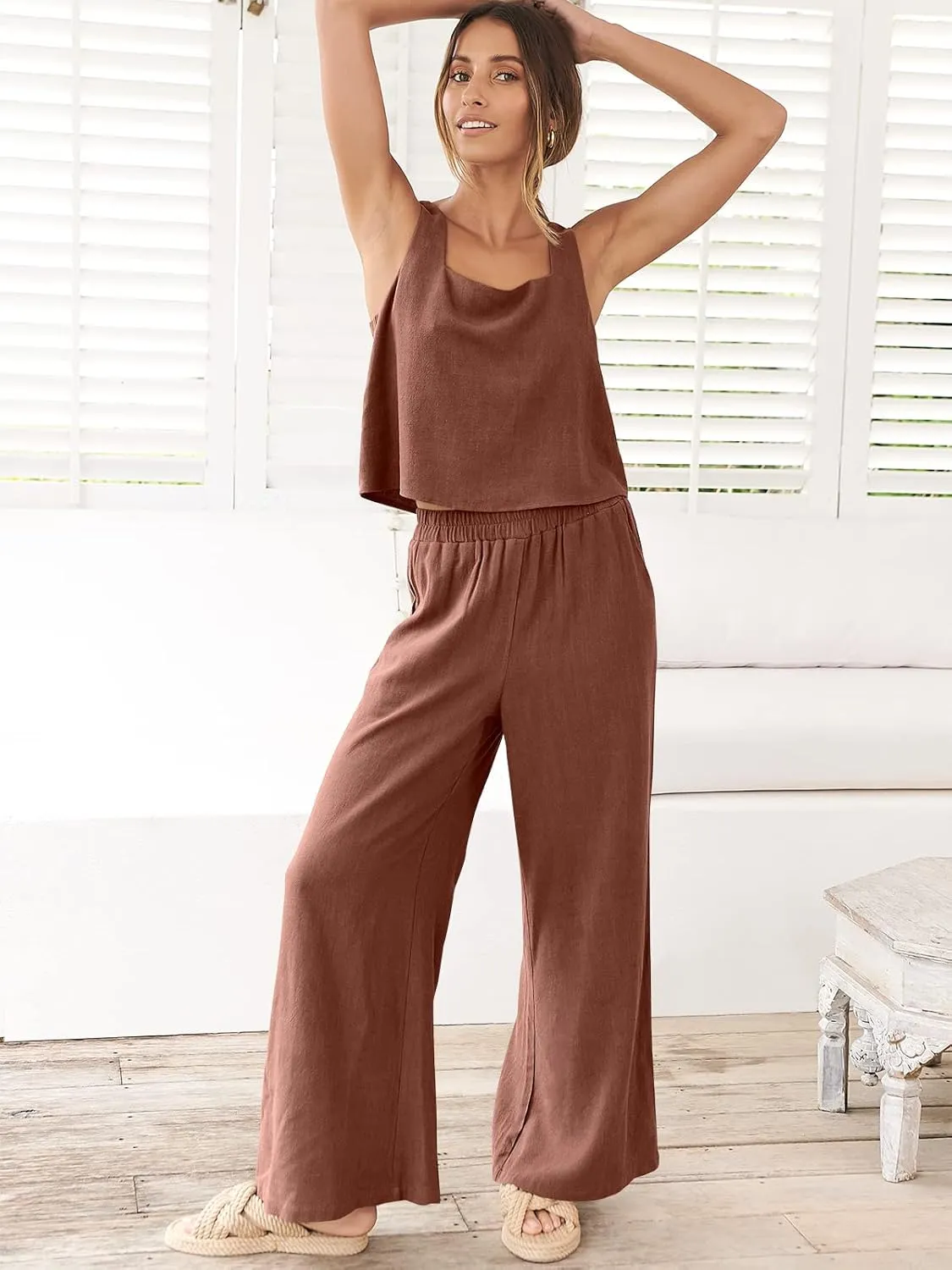 Prinbara Women's 2 Piece Outfits Lounge Sets Sleeveless Square Neck Linen Tank Crop Top Wide Leg Pants Matching Sets