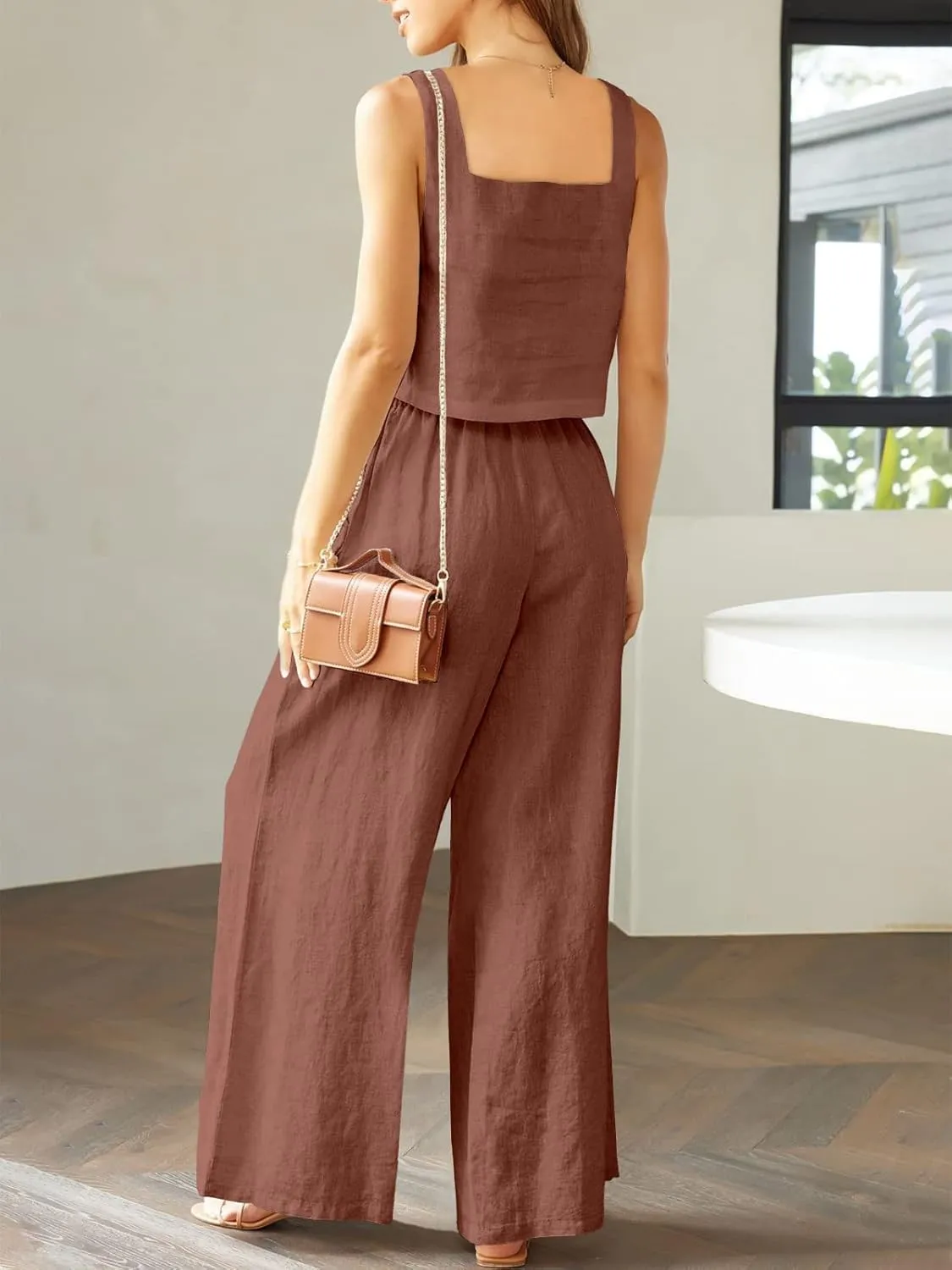 Prinbara Women's 2 Piece Outfits Lounge Sets Sleeveless Square Neck Linen Tank Crop Top Wide Leg Pants Matching Sets