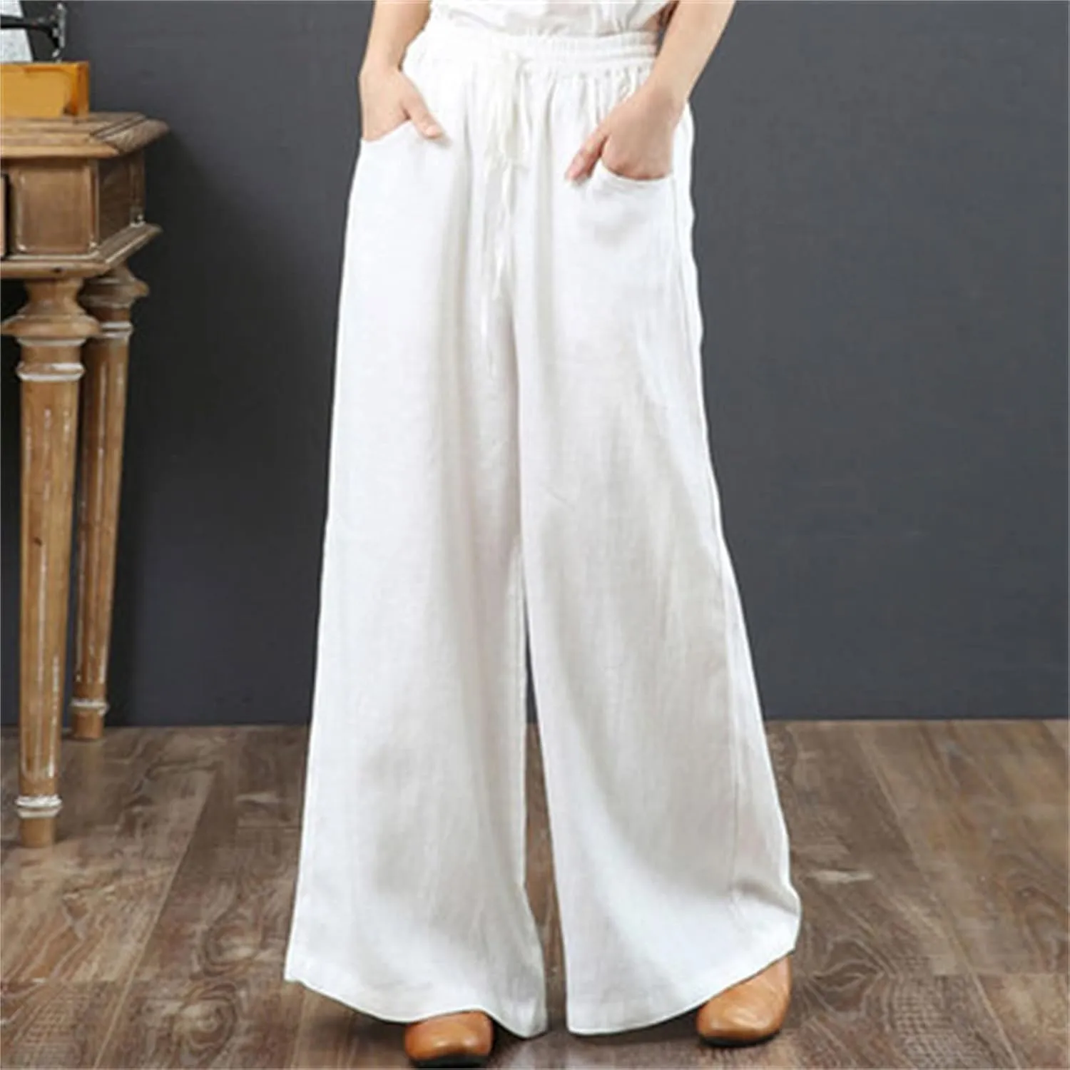 PTOLOCIF Cotton Pants for Women,Baggy Linen Pants Summer Lightweight High Waist Palazzo Pants Loose Straight Leg Pants