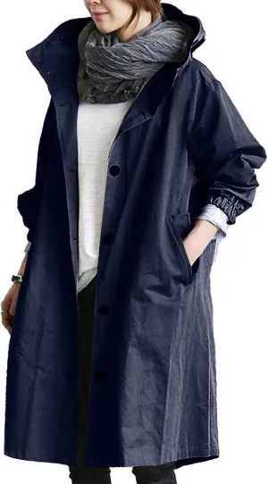 Rain Jacket for Women Lightweight Hooded Trench Coats Long Sleeve Windbreaker Outdoor Waterproof Outwear with Pockets