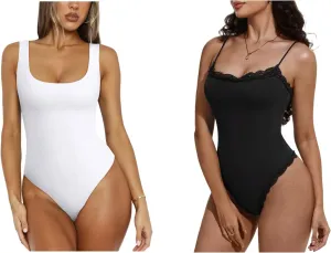 REORIA Women’s Bodysuit– Scoop Neck & Lace Square Neck Tank Top Thong Bodysuits for Summer Outfits