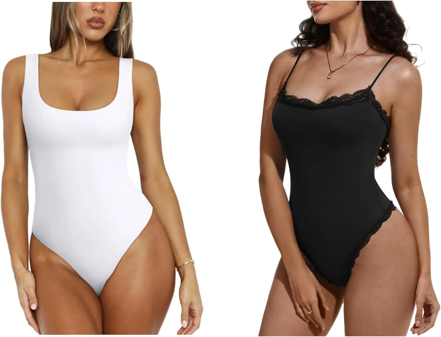 REORIA Women’s Bodysuit– Scoop Neck & Lace Square Neck Tank Top Thong Bodysuits for Summer Outfits