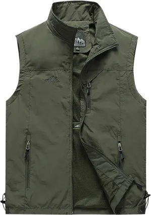 RTRDE Men's Outdoor Casual Full Zip Stand Collar Fishing Work Safari Travel Vest Sleeveless Jacket Hiking Coat, XL-4XL