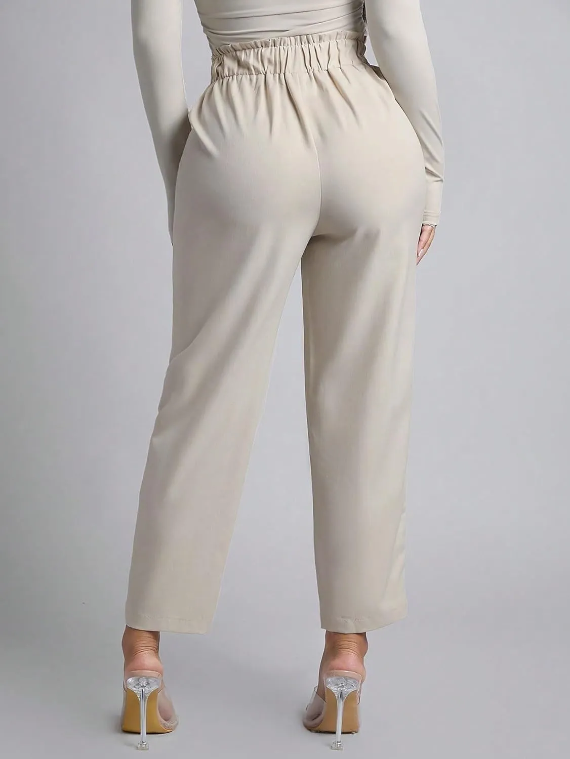 SECOLI Women's Straight Wide Leg Trousers Pants Khaki Belted Straight Leg Pants