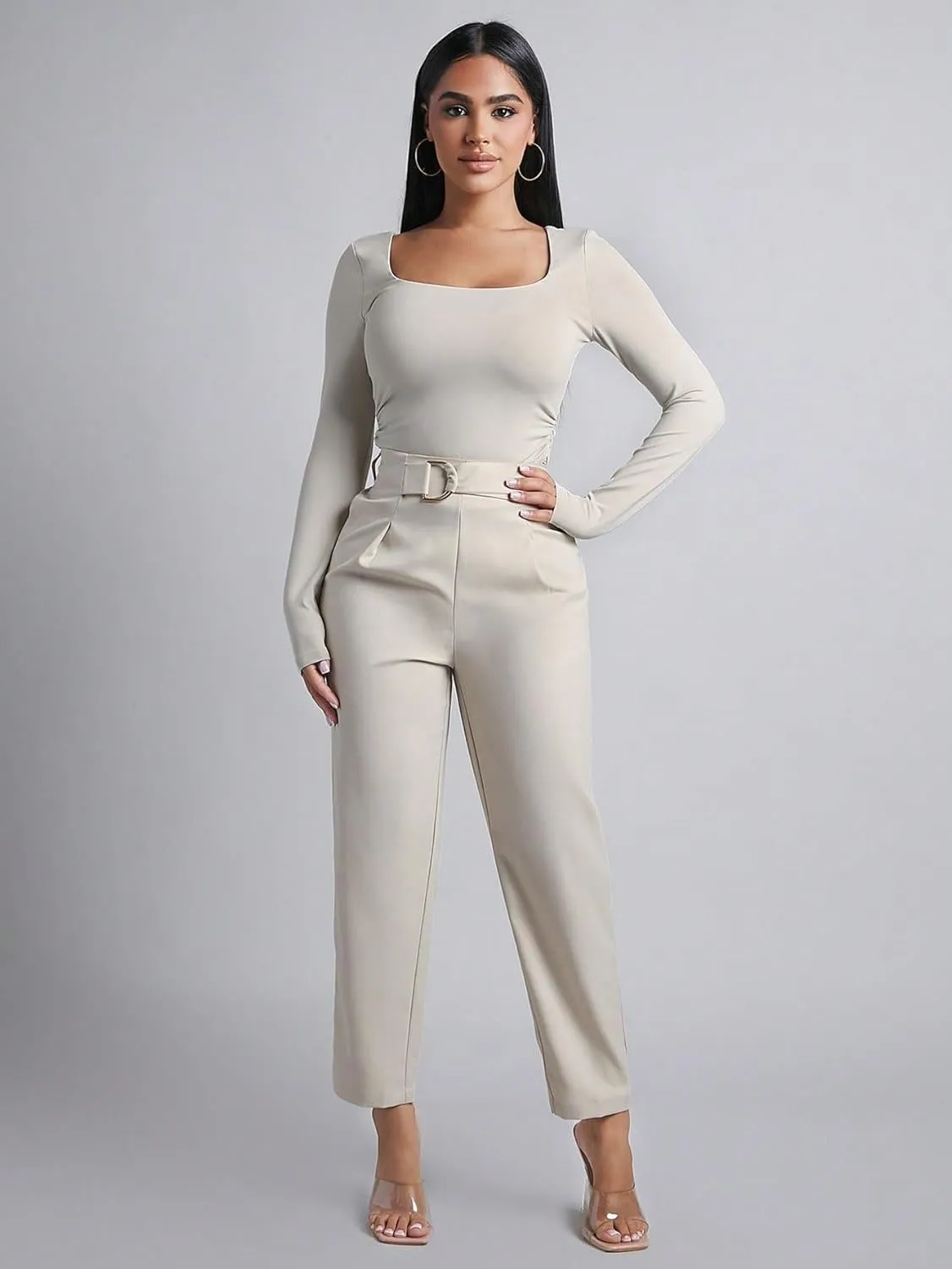 SECOLI Women's Straight Wide Leg Trousers Pants Khaki Belted Straight Leg Pants