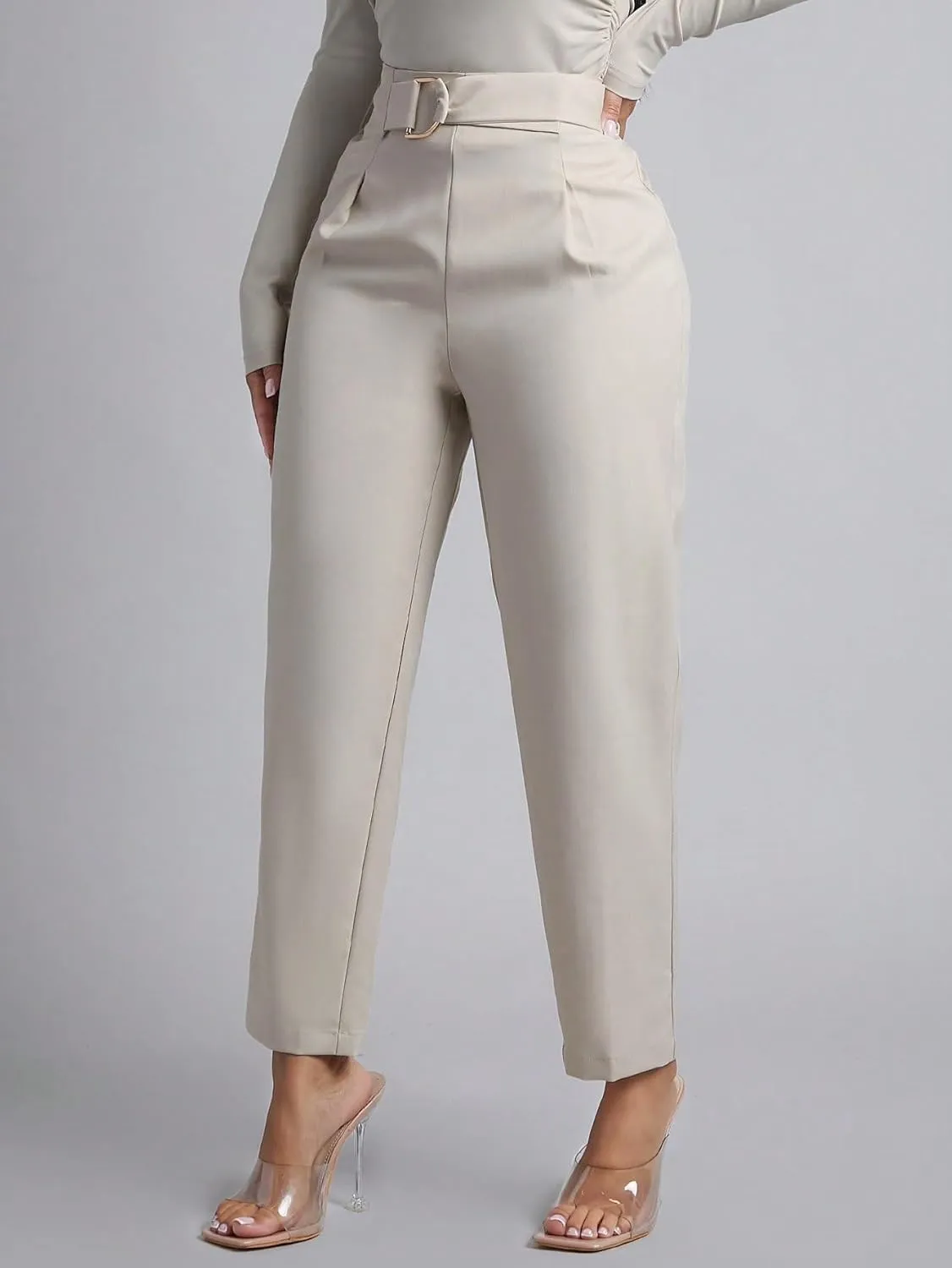 SECOLI Women's Straight Wide Leg Trousers Pants Khaki Belted Straight Leg Pants