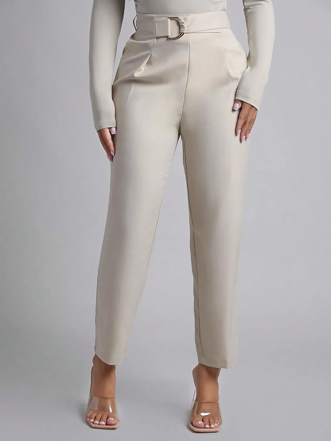 SECOLI Women's Straight Wide Leg Trousers Pants Khaki Belted Straight Leg Pants