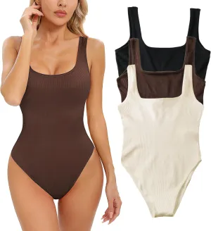 SeSe Code 3 Piece Bodysuits Ribbed Shapewear Square Neck Sleeveless Round Neck Tank Tops Bodysuits