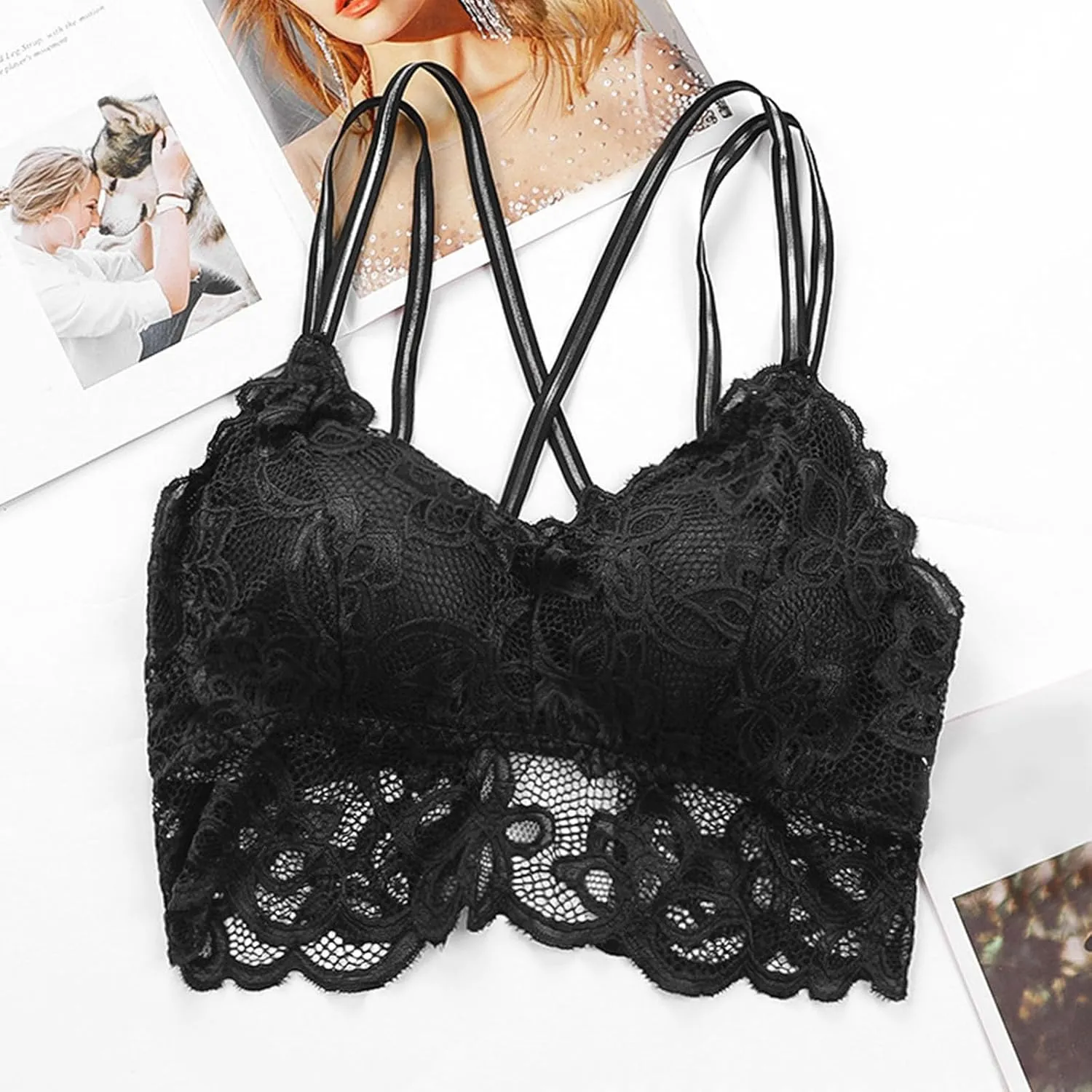 Sexy Floral Lace Bralettes Women Cross Back Wireless Bra Summer V Neck Casual Sport Crop Tops Yoga Workout Lingerie