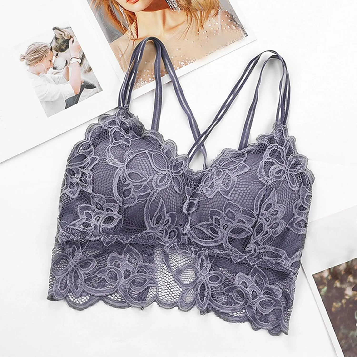 Sexy Floral Lace Bralettes Women Cross Back Wireless Bra Summer V Neck Casual Sport Crop Tops Yoga Workout Lingerie