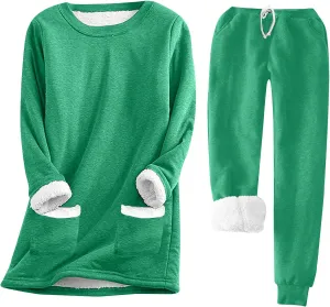Stessotudo Women Lounge Sets Casual Fleece Lined Warm Underwear Long Sleeve Tops Sherpa Pant Sets Comfy 2 Piece Matching Sets