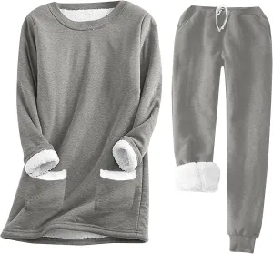 Stessotudo Women Lounge Sets Casual Fleece Lined Warm Underwear Long Sleeve Tops Sherpa Pant Sets Comfy 2 Piece Matching Sets