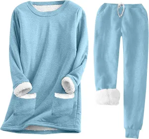 Stessotudo Women Lounge Sets Casual Fleece Lined Warm Underwear Long Sleeve Tops Sherpa Pant Sets Comfy 2 Piece Matching Sets