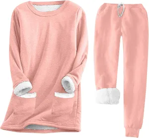 Stessotudo Women Lounge Sets Casual Fleece Lined Warm Underwear Long Sleeve Tops Sherpa Pant Sets Comfy 2 Piece Matching Sets