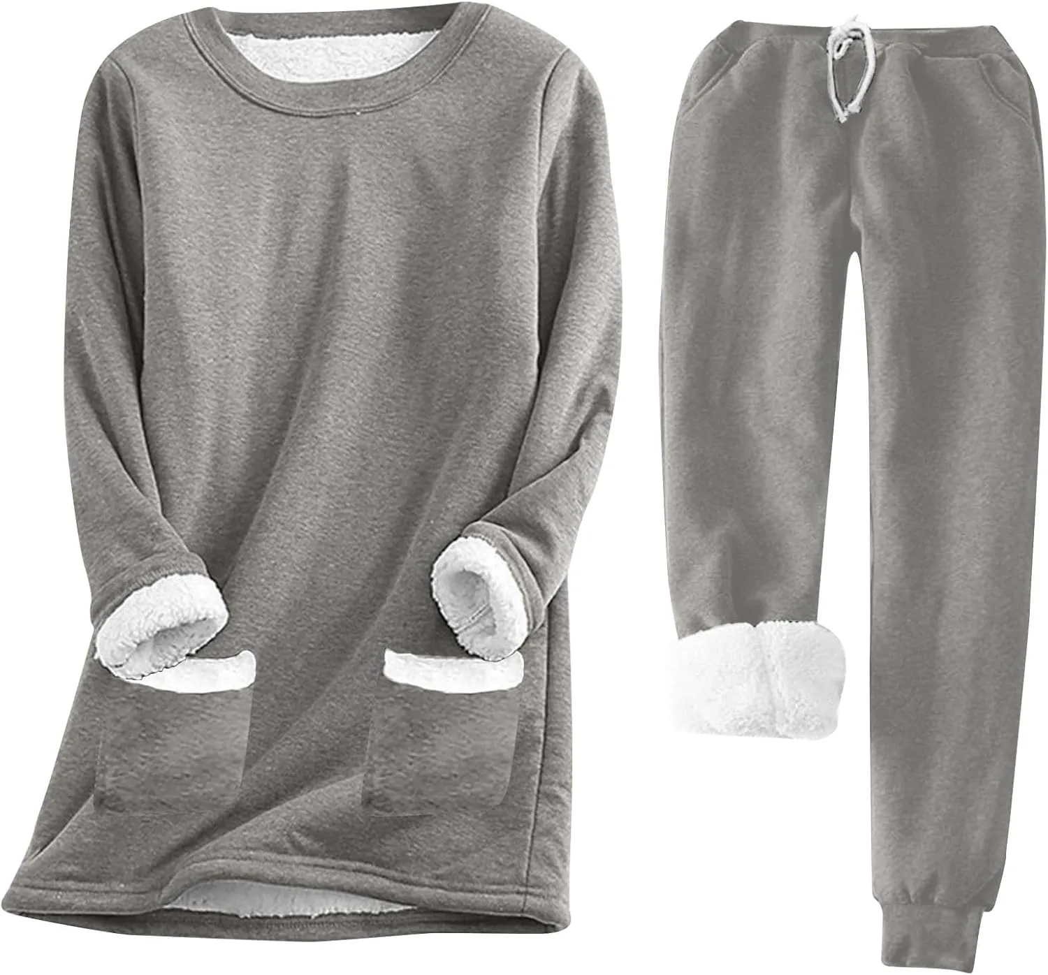 Stessotudo Women Lounge Sets Casual Fleece Lined Warm Underwear Long Sleeve Tops Sherpa Pant Sets Comfy 2 Piece Matching Sets