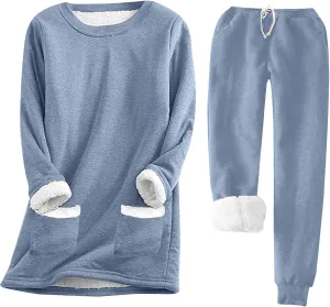 Stessotudo Women Lounge Sets Casual Fleece Lined Warm Underwear Long Sleeve Tops Sherpa Pant Sets Comfy 2 Piece Matching Sets