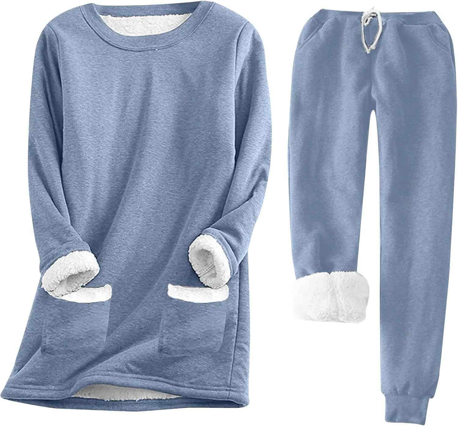 Stessotudo Women Lounge Sets Casual Fleece Lined Warm Underwear Long Sleeve Tops Sherpa Pant Sets Comfy 2 Piece Matching Sets
