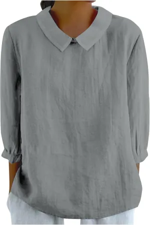 Summer Cotton Linen Gauze Shirts Comfy Breathable Lounge Top Loose 3/4 Sleeve Lapel T Shirt Plain Blouse Plus Size