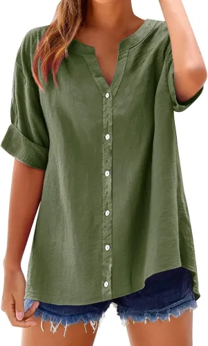 Summer Linen Work Tops for Women Trendy Button Down Plus Size V Neck Boho Clothes Spring Tops for Women 2025