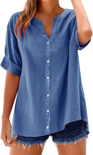 Summer Linen Work Tops for Women Trendy Button Down Plus Size V Neck Boho Clothes Spring Tops for Women 2025