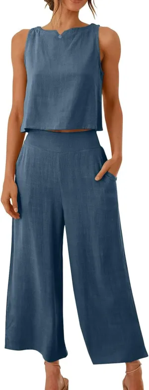 Summer Sets for Women 2025 Two Piece Linen Sets Sleeveless Crop Tank Top Capri Wide Leg Pants Lounge Travel Outfits