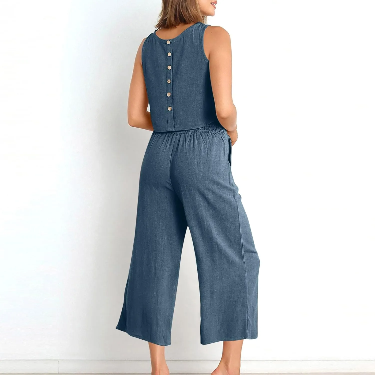 Summer Sets for Women 2025 Two Piece Linen Sets Sleeveless Crop Tank Top Capri Wide Leg Pants Lounge Travel Outfits