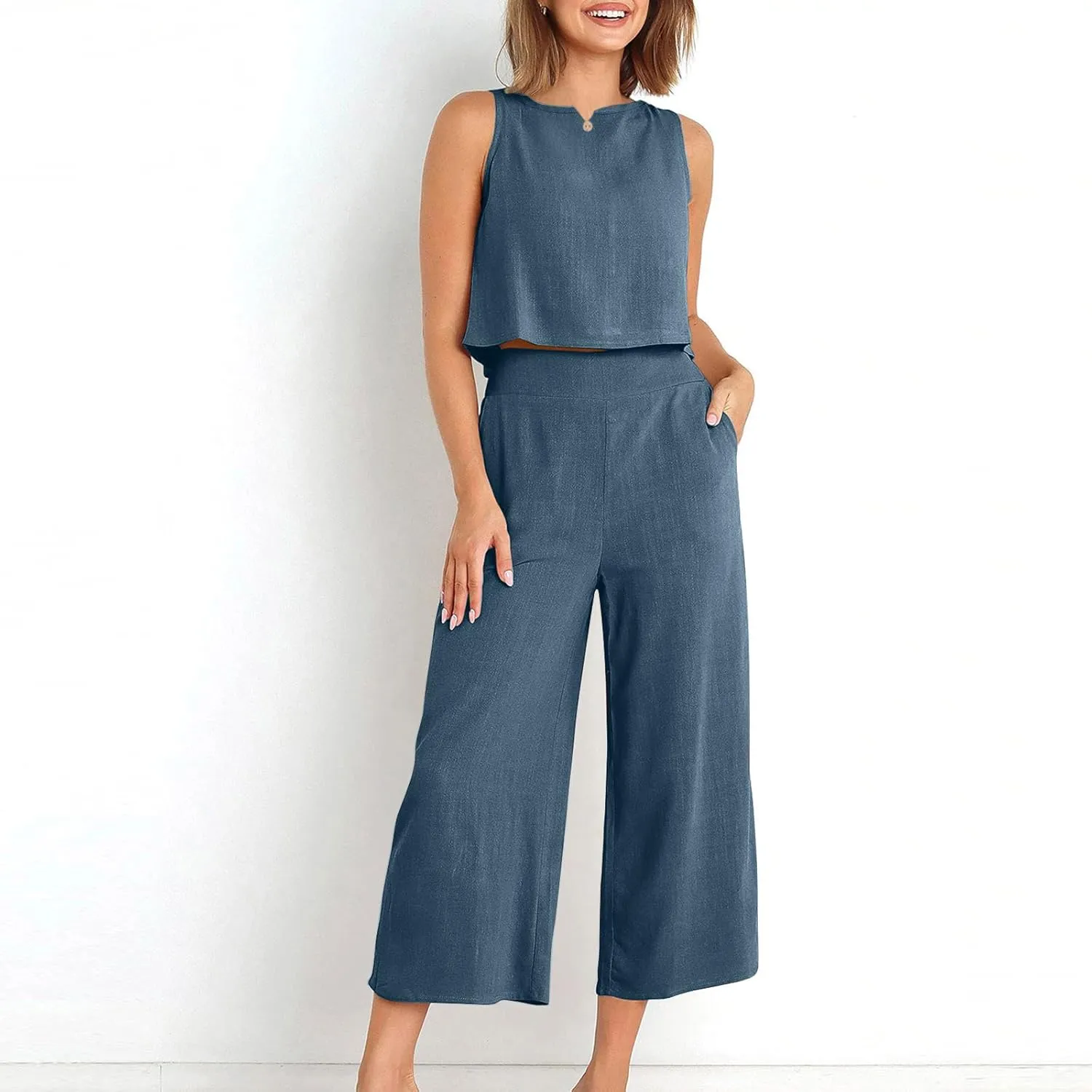Summer Sets for Women 2025 Two Piece Linen Sets Sleeveless Crop Tank Top Capri Wide Leg Pants Lounge Travel Outfits