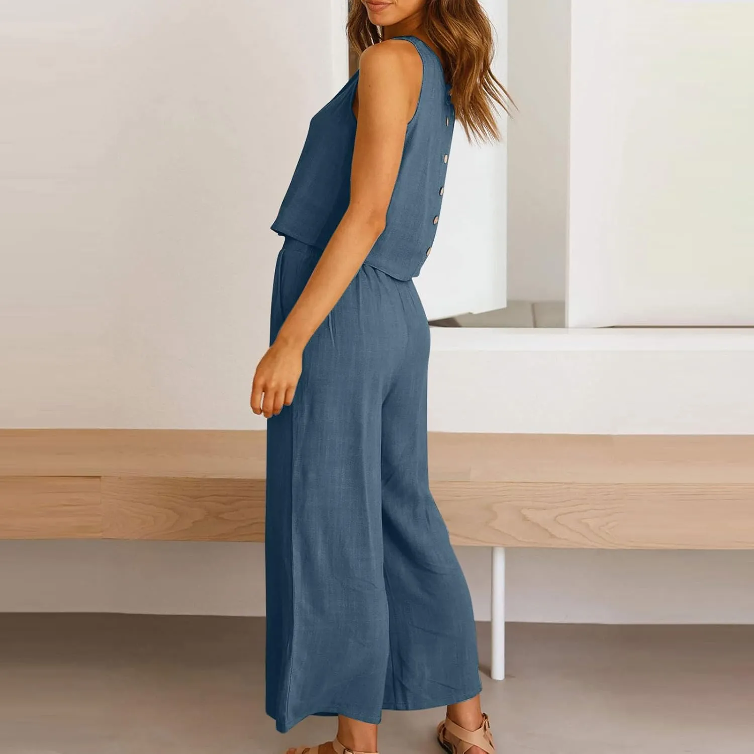 Summer Sets for Women 2025 Two Piece Linen Sets Sleeveless Crop Tank Top Capri Wide Leg Pants Lounge Travel Outfits