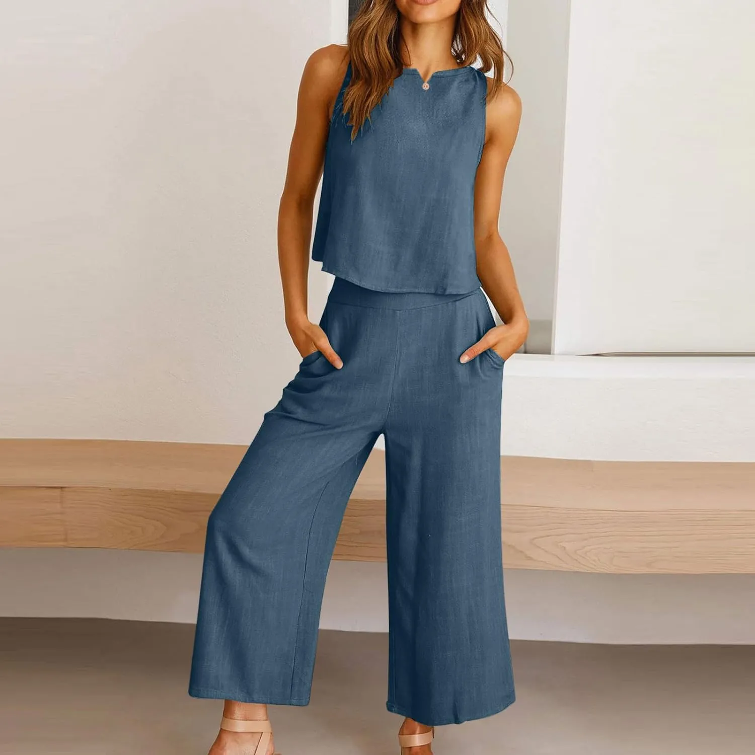 Summer Sets for Women 2025 Two Piece Linen Sets Sleeveless Crop Tank Top Capri Wide Leg Pants Lounge Travel Outfits