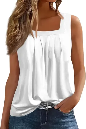 Summer Tank Tops for Women Sleeveless Pleated Square Neck Loose Fit Tunic Blouses Shirts Fashion Tee 2025