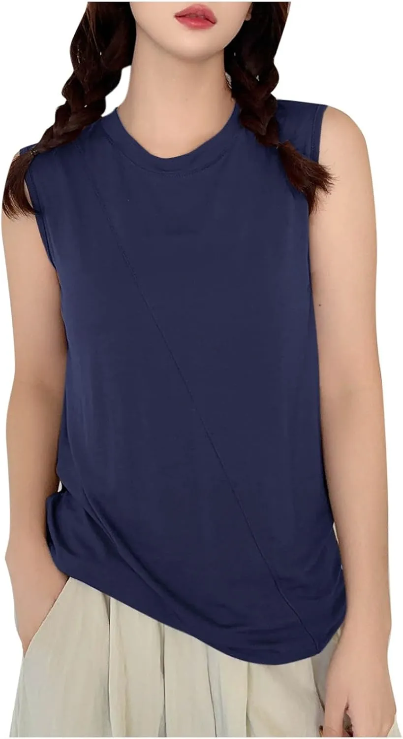 Summer Tank Tops for Women Solid Fashion Crewneck Sleeveless Blouse Casual Loose Fit Athletic Quick Dry Tee Shirts