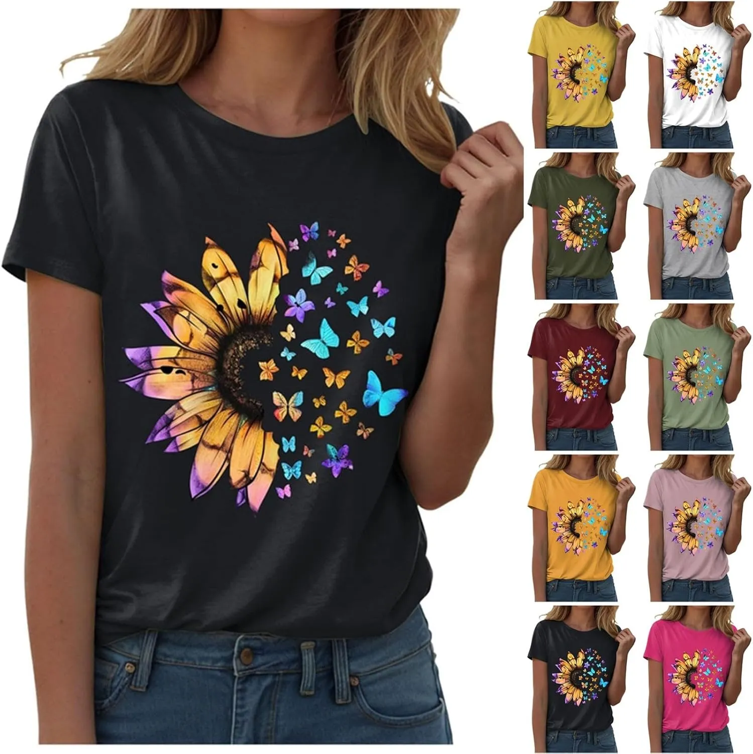 Summer Tops for Women 2025 Crew Neck Short Sleeve T Shirt Dressy Casual Blouse Printed Loose Trendy Outfit