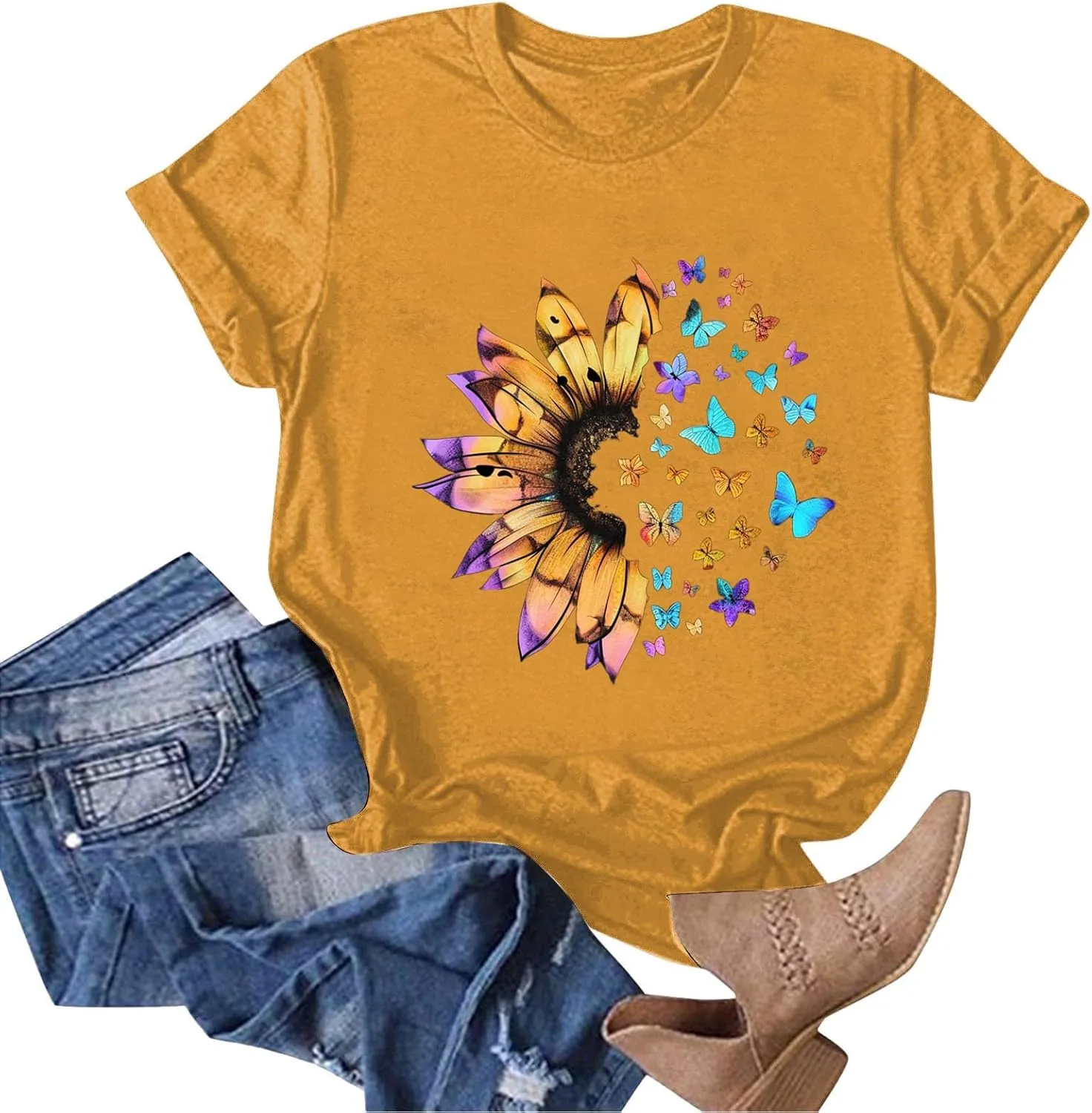 Summer Tops for Women 2025 Crew Neck Short Sleeve T Shirt Dressy Casual Blouse Printed Loose Trendy Outfit