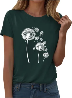 Summer Tops for Women 2025 Crewneck Short Sleeve T Shirts Dressy Casual Top Fashion Loose Cute Printed Blouse