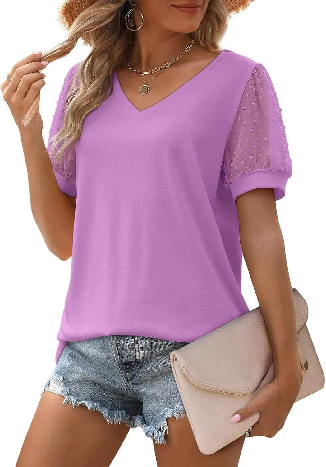 Summer Tops for Women 2025 Vacation Short Sleeve V Neck T Shirts Swiss Dot Puff Sleeve Tops Loose Casual Tshirts for Women