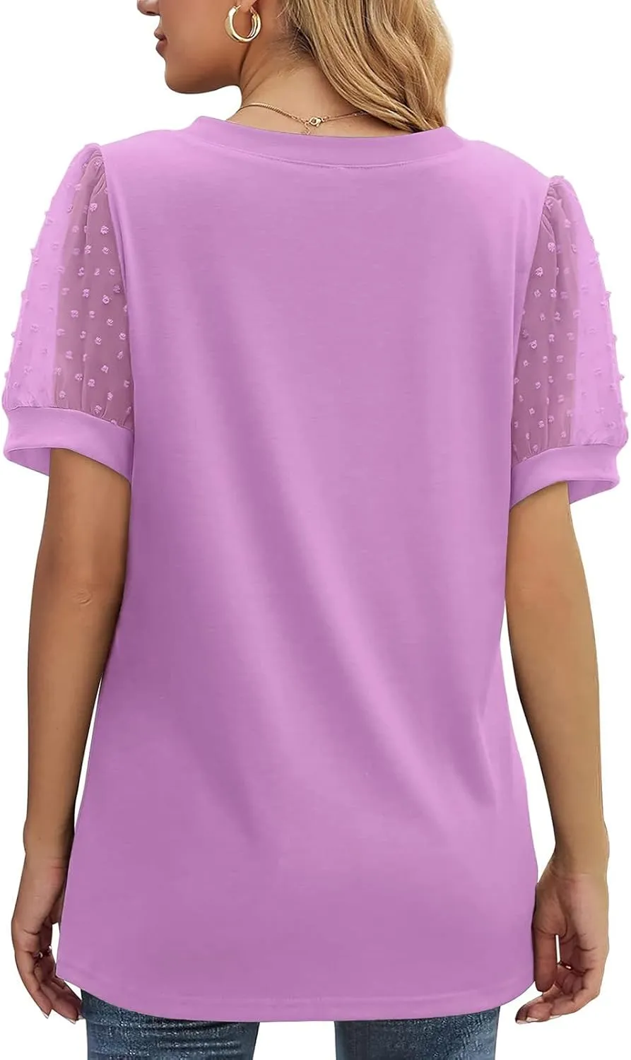 Summer Tops for Women 2025 Vacation Short Sleeve V Neck T Shirts Swiss Dot Puff Sleeve Tops Loose Casual Tshirts for Women