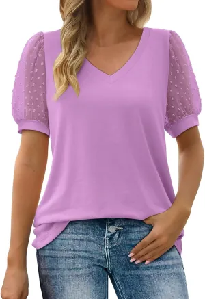 Summer Tops for Women 2025 Vacation Short Sleeve V Neck T Shirts Swiss Dot Puff Sleeve Tops Loose Casual Tshirts for Women