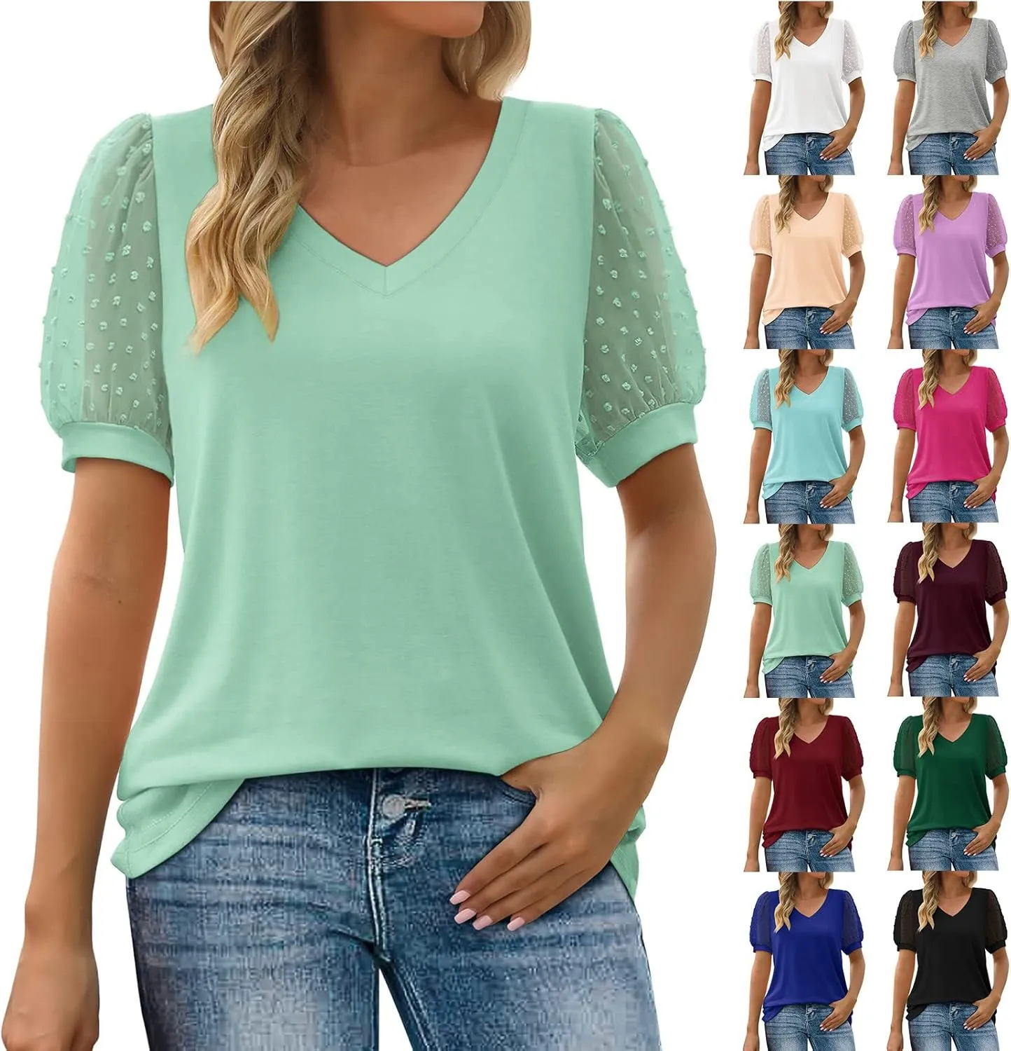 Summer Tops for Women 2025 Vacation Short Sleeve V Neck T Shirts Swiss Dot Puff Sleeve Tops Loose Casual Tshirts for Women