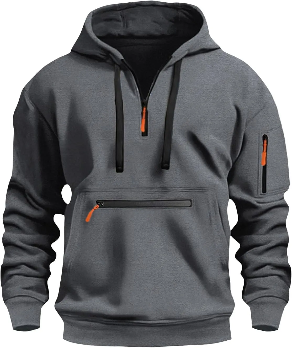 Tactical Hoodies for Men Comfy Quarter Zip Pullover with Multi Pockets Vintage Fleece Drawstring Hooded Sweatshirt