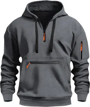 Tactical Hoodies for Men Comfy Quarter Zip Pullover with Multi Pockets Vintage Fleece Drawstring Hooded Sweatshirt