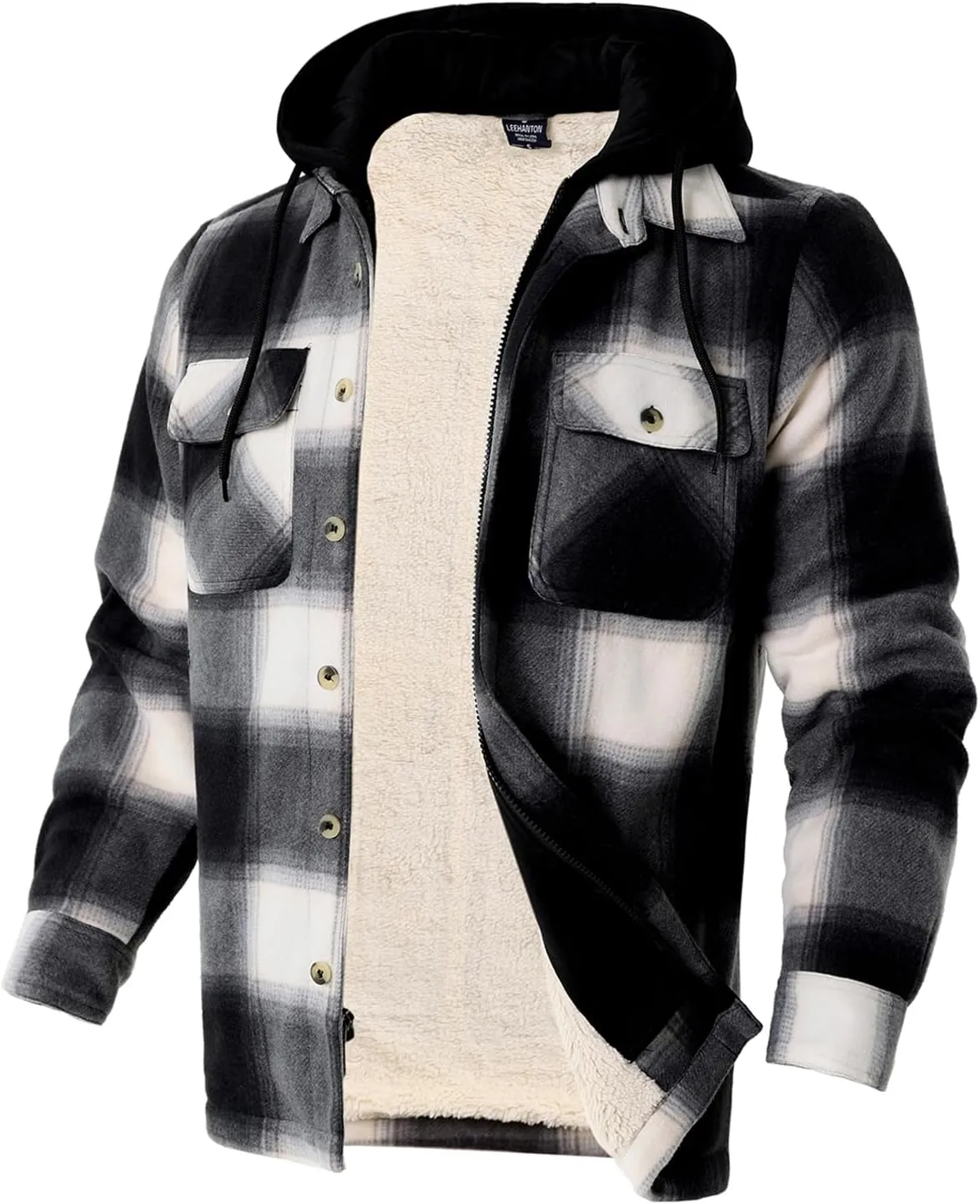 TanBridge Men's Cotton Plaid Shirts Jacket Full Zip Fleece Flannel Sherpa Lined Hoodies Heavyweight Hoodies Jacket for Men