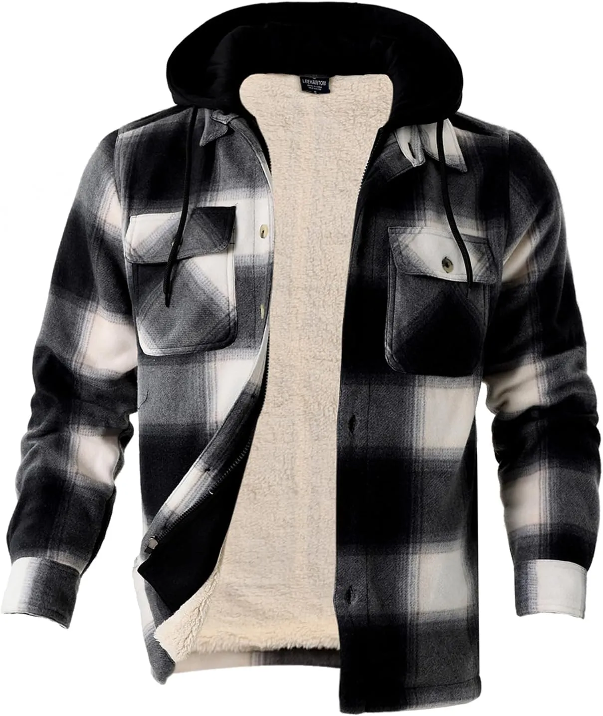 TanBridge Men's Cotton Plaid Shirts Jacket Full Zip Fleece Flannel Sherpa Lined Hoodies Heavyweight Hoodies Jacket for Men