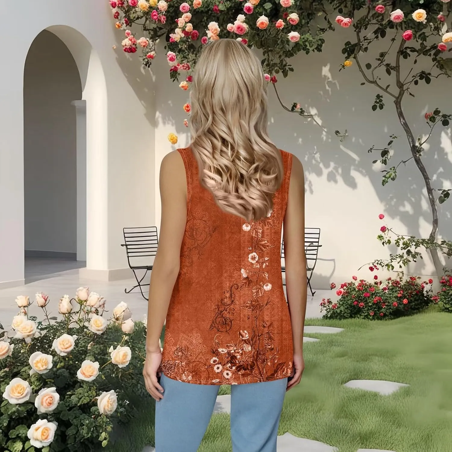 Tank Top for Women Loose Fit Summer Tops 2025 Flowy Sleeveless Blouses Pleated Square Neck Tunics Cute Print Shirts
