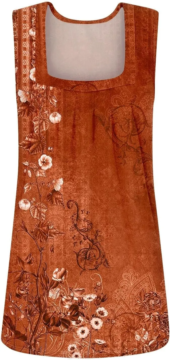 Tank Top for Women Loose Fit Summer Tops 2025 Flowy Sleeveless Blouses Pleated Square Neck Tunics Cute Print Shirts